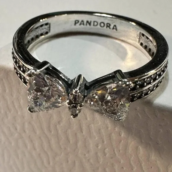 Genuine PANDORA 925 Ale Sparkling Bow Double Row Ring #193552C01 Size 9 - Picture 5 of 7